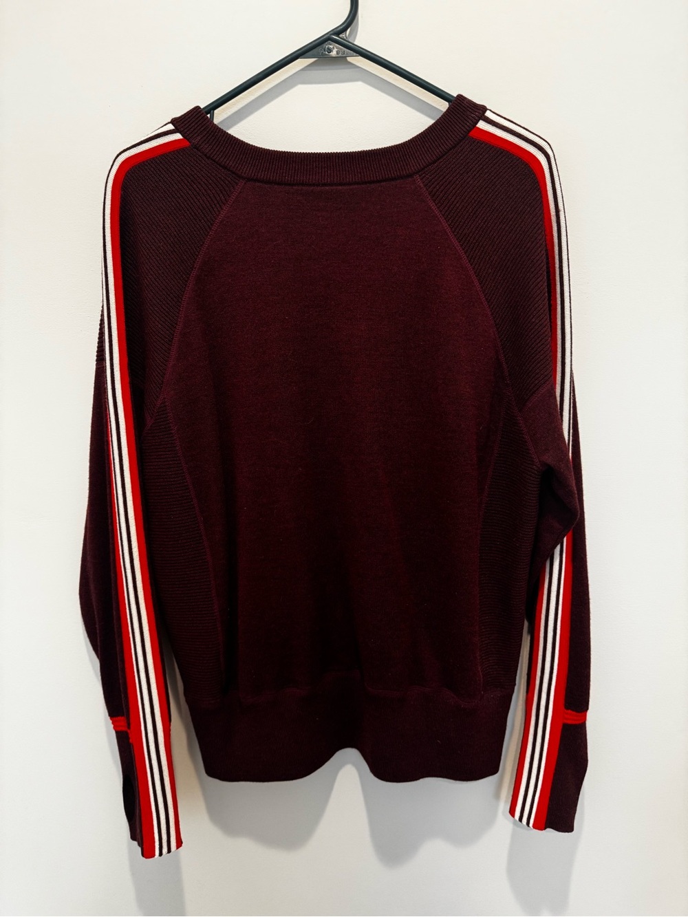 Athleta Women’s Burgundy Crewneck Sweater with retro stripes on sleeves
